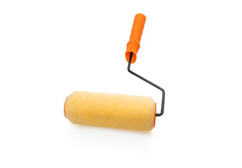 paint roller with orange color handle on white