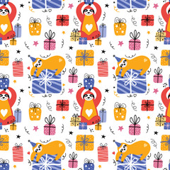 Funny sloth a party with gift boxes and presents seamless pattern. Birthday of a cute bear cub. Festival of animals. olorful background for decorating holidays and festivals. Vector flat illustration. © Catrin1309