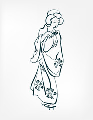 japanese girl traditional dress kimono sketch line vector illustration