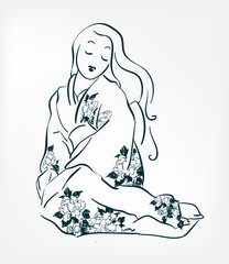 japanese girl traditional dress kimono sketch line vector illustration