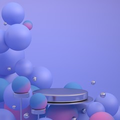 Abstract colorful background of flying blue, red and metal balls and a circular disk stand for objects. 3D podium for items. Copy space. 3D illustration
