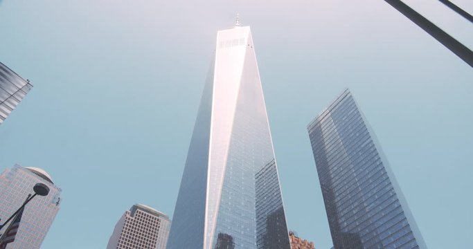 Looking up One World Trade Center (formerly known as the Freedom Tower), in New York City, Lower Manhattan.