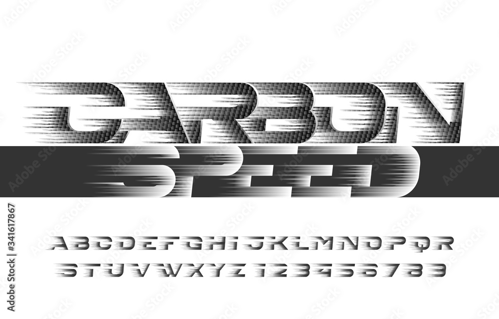 Fototapete carbon speed alphabet font. wind effect modern letters and numbers. stock vector typescript.