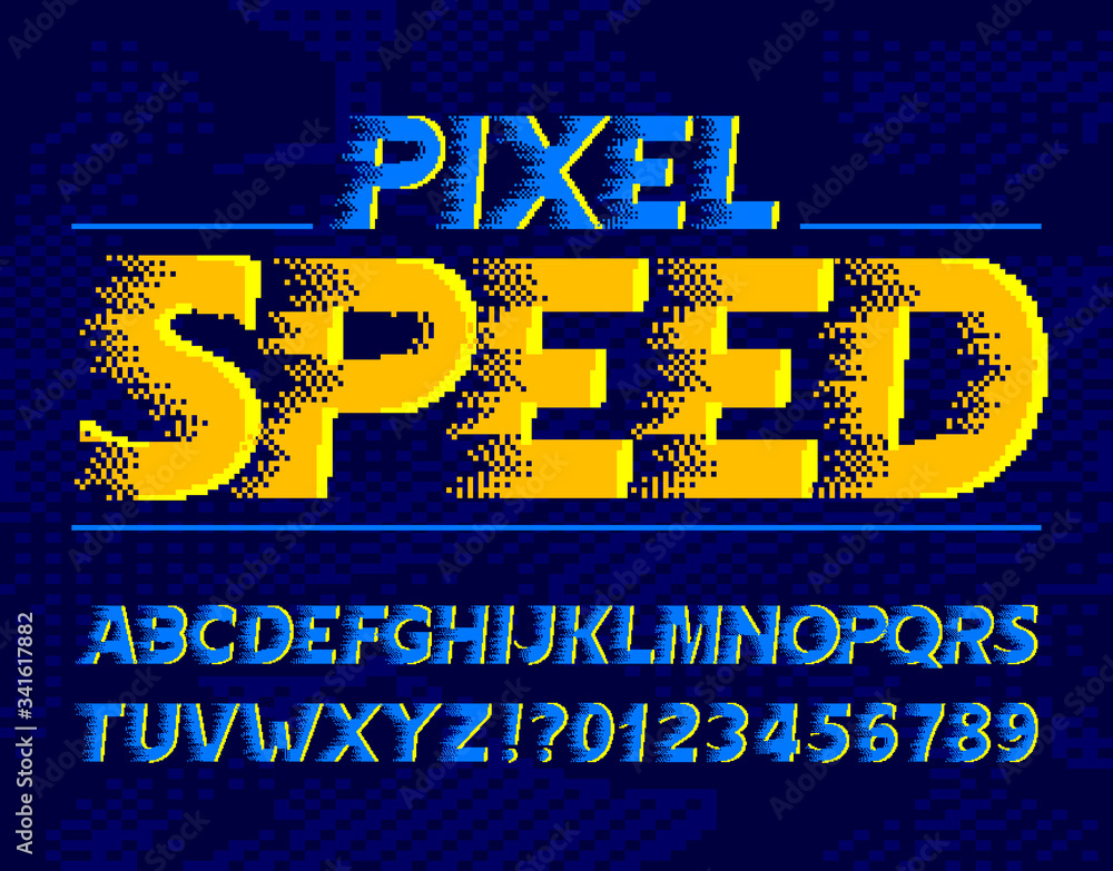 Fototapete pixel speed alphabet font. wind effect digital letters and numbers. pixel background. 80s arcade vid