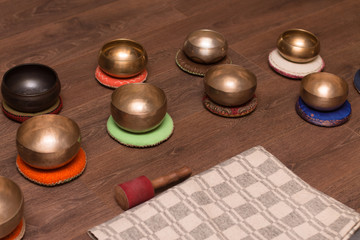 set of Tibetan singing bowls for healing sound relaxation and 