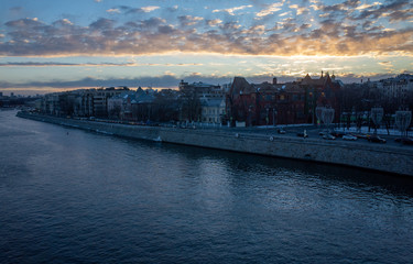  Moscow river in the area of the Cathedral of Christ the Savior in Moscow at dusk.