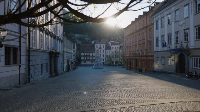 Wide angle gimbal shot of empty street in Ljubljana, Slovenia