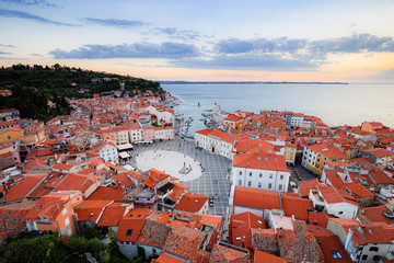 Famous Tartini Square in the historic Mediterranean town of Piran at sunset, Istria, Slovenia