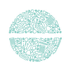 Hand drawn monoline Pharmacy doodle set background in vector. Collection design elements with place for your text
