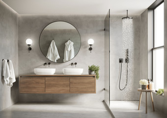 3d modern contemporary grey concrete bathroom with  round mirror and shower - obrazy, fototapety, plakaty