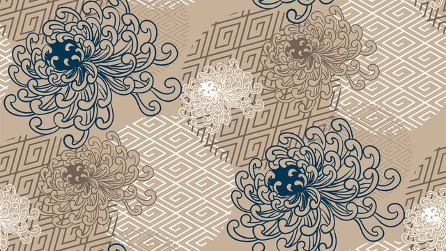 chrysanthemum traditional geometric kimono seamless pattern vector sketch illustration line art japanese chinese oriental design