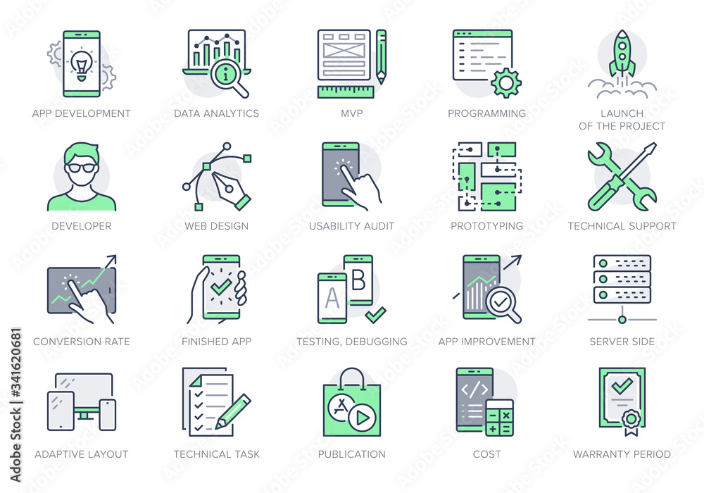 Wall mural application development line icons. vector illustration included icon as mobile software, app ux pro