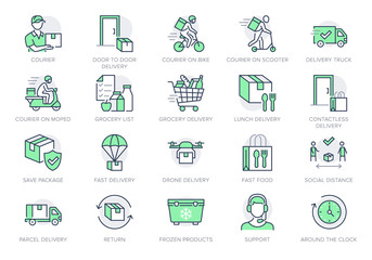 Food delivery line icons. Vector illustration included icon as coutier on bike, door contactless delivering, grocery list outline pictogram for fast distribution. Green Color, Editable Stroke