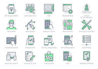 Application development line icons. Vector illustration included icon as mobile software, app ux prototyping, data analytics pictogram for web startup launch. Green Color, Editable Stroke - obrazy, fototapety, plakaty