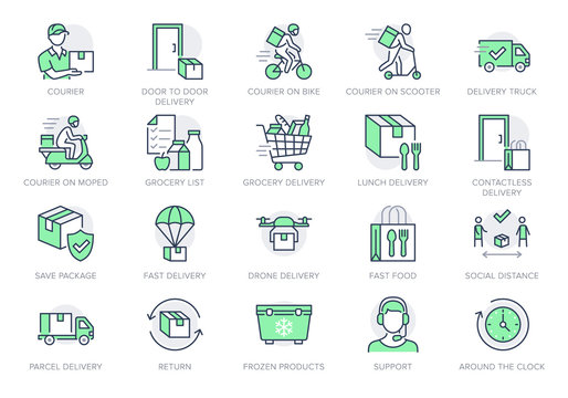 Food delivery line icons. Vector illustration included icon as coutier on bike, door contactless delivering, grocery list outline pictogram for fast distribution. Green Color, Editable Stroke