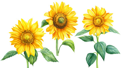 set of yellow flowers, sunflowers on an isolated background, botanical illustration, watercolor floral design