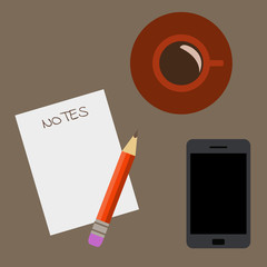 Sheet of paper with notes text, pencil, cup of coffee and smartphone on the table