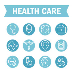 medical and health care equipment assistance icon set block style