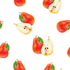 Fototapeta na wymiar Pear fruit hand drawn watercolor illustration. Seamless pattern.