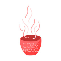 COZY MOOD card lettering with a hand-drawn steaming cup of the drink. 