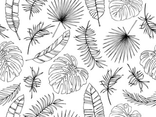Set of tropical leaves. Drawing sketches of leaves. Vector illustration. Seamless pattern.