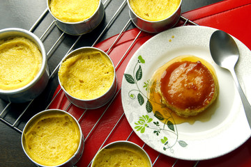 Freshly cooked Leche Flan on a table
