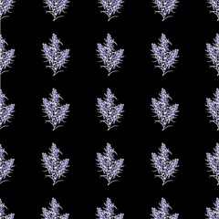 hand drawn watercolor seamless pattern of wormwood flowers on a black background.