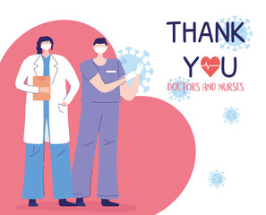 thank you doctors and nurses, female physician and male nurse with protective mask