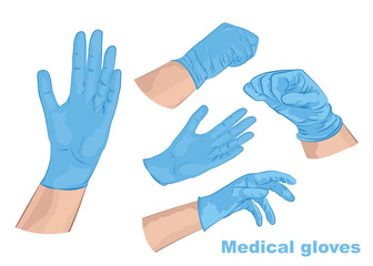 Medical gloves set. Hands in sterile blue gloves. Vector illustration.