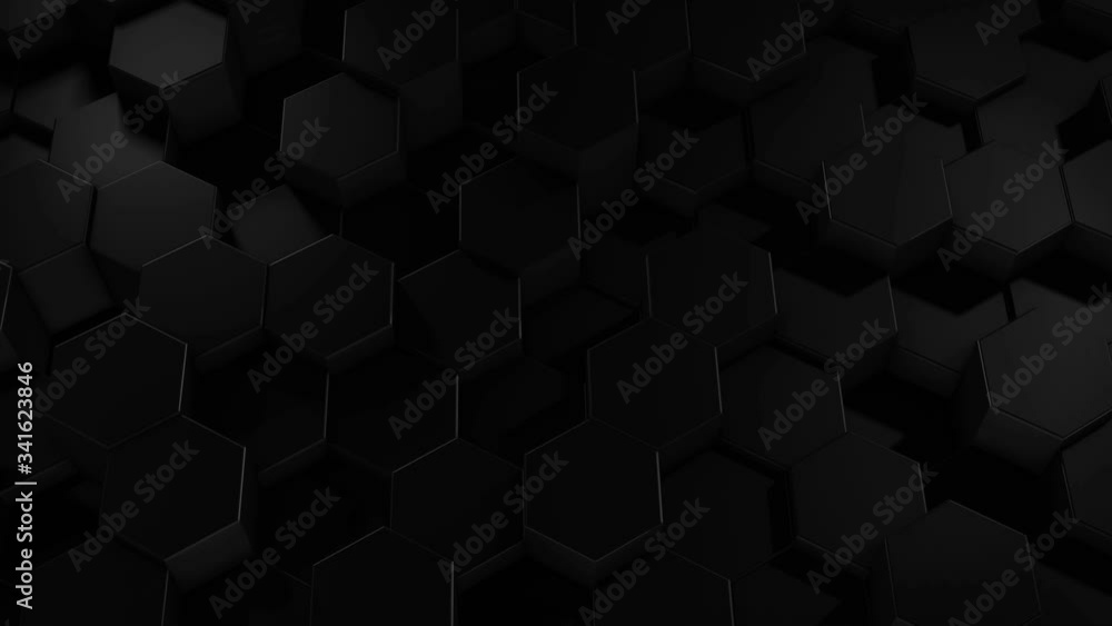 Poster an abstract hexagonal geometric black surface cyclically moves in virtual space. chaotic vibrations 