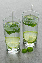 Glasses with water, lime and mint leaves