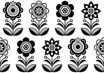 Volkskunstbloemen, naadloos vectorbloempatroon, Scandinavisch zwart-wit repetitief ontwerp, Noords ornament