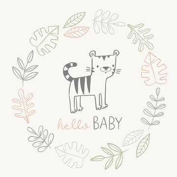 Hello Baby Card With Cute Tiger And Jungle Wreath In Hand Drawn Linear Style. Baby Shower Invitation, Birth Announcement, Nursery Poster, Kids Room Or Apparel. 