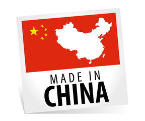 Made in China badge with flag on white background.