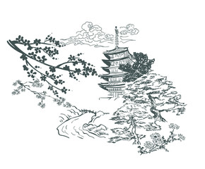 temple view mountains card nature landscape view vector sketch illustration japanese chinese oriental line art design © CharlieNati