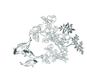 fish koi carp flowers card nature landscape view vector sketch illustration japanese chinese oriental line art design