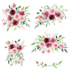 Watercolor floral set with bouquets  flowers. Pink and burgundy roses hand drawing. Isolated on white. Perfectly for print design greeting card, wedding decoration, poster.