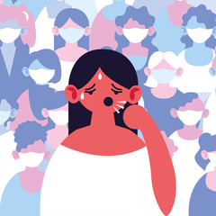 poster woman with cough and fever, symptoms of infection by coronavirus