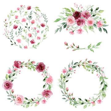 Watercolor floral set with wreaths flowers. Pink and burgundy roses hand drawing. Isolated on white. Perfectly for print design greeting card, wedding decoration, poster.
