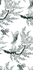 Papier Peint photo autocollant Style japonais oiseaux bambou japonais chinois design croquis encre peinture style modèle sans couture