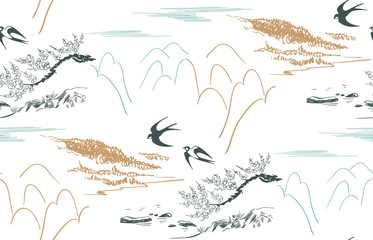 swallow mountains japanese chinese design sketch ink paint style seamless pattern