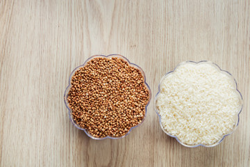plates with different cereals standing on the table