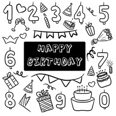 Happy birthday party equipment. Simple vector illustrations in cartoon doodle style. Cake, ribbon, candles with numbers, bouquet of flowers, gift, wrapped boxes, happiness, hats, celebration.