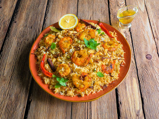 Pilaf with shrimp. Tasty and delicious prawns biryani. 