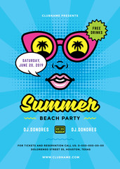 Summer beach party flyer or poster template 90s pop art typography style design