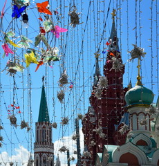 Moscow's city scape, holiday decorations in a street, some famous landmarks 