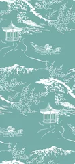 Stickers pour porte Style japonais temple japonais chinois design croquis encre peinture style modèle sans couture