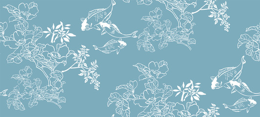 Fototapeta fish koi japanese chinese design sketch ink paint style seamless pattern obraz
