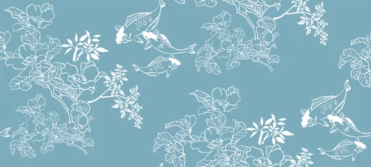 Tapeten Japanischer Stil Fisch koi japanisches chinesisches Design Skizze Tinte Farbe Stil nahtlose Muster