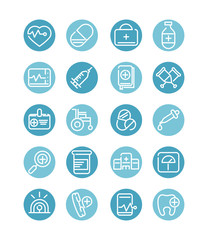 medical and health care equipment assistance icon set block style